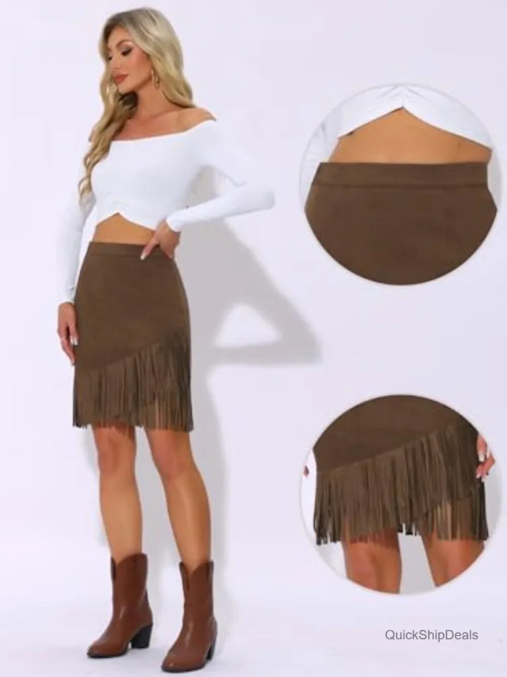 Faux Suede High Waist Fringe Trim Stretch Bodycon Mini Skirt